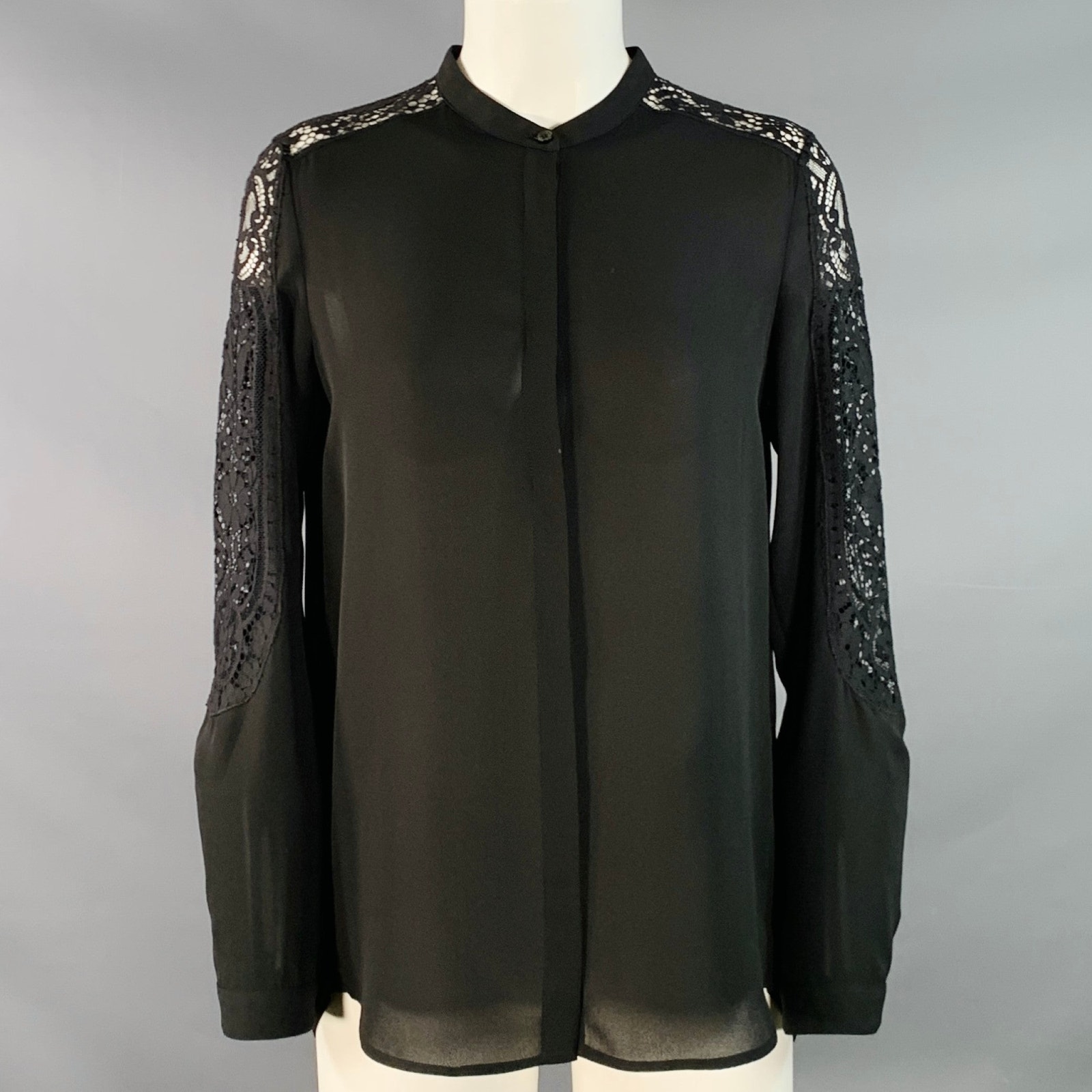 The Kooples Size S Black Polyester Collarless Lace Trim Hidden Buttons Blouse